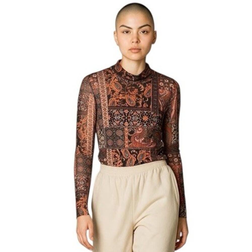 Jane + Delancey Red Patchwork Paisley Mock Neck Mesh Lined Boho Top Large